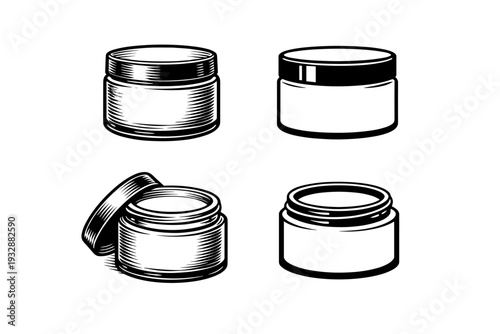 Set of black and white cosmetic cream jars with lids