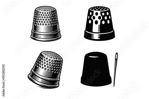 Black and white thimble illustrations with needle