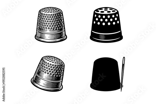 Vintage thimble set with sewing needle on white background