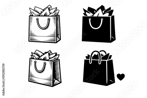 Black and white shopping bags with handles and heart icon