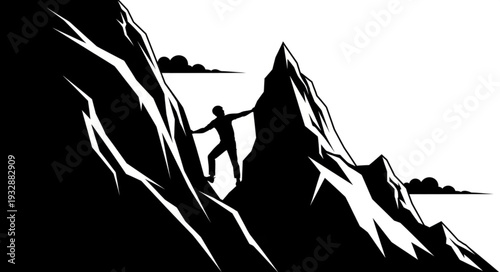Silhouette of a determined climber scaling a steep mountain peak, achieving success.