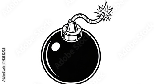 Black bomb with lit fuse ready to explode, dangerous explosive device.