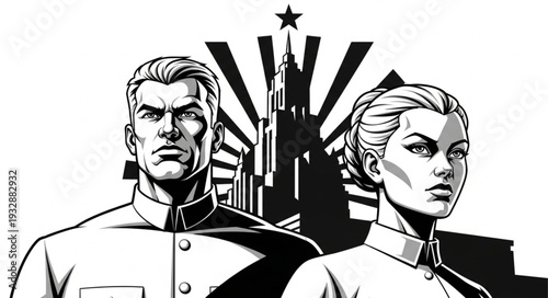 Stern portraits of determined man and woman, classic comic book style, monochrome.