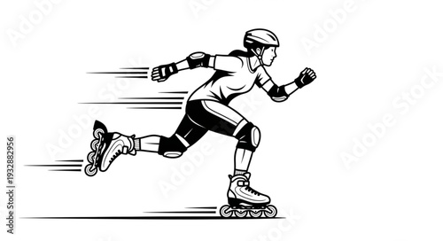 Energetic roller skater in motion, showcasing speed and agility on wheels, black and white illustration.