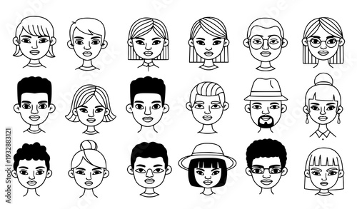 Minimal diverse cartoon faces avatars coloring page vector