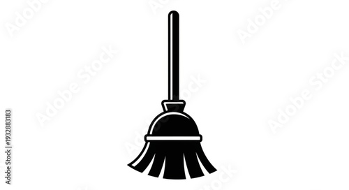 A detailed black and white illustration of a traditional broom for sweeping floors.
