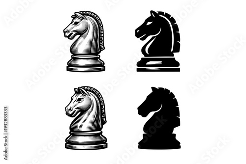 Monochrome chess knights: classic and silhouette designs