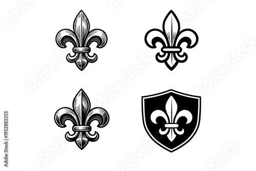 Four black and white fleur-de-lis illustrations with shield symbol
