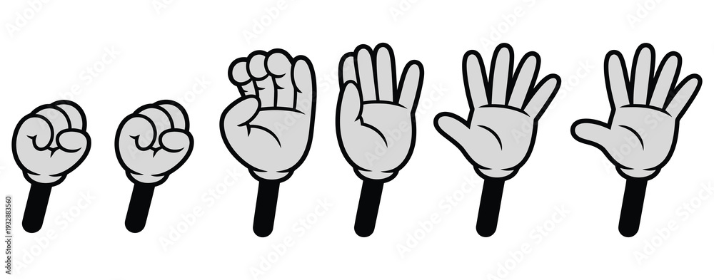 Fototapeta premium Comic hands numbers gestures, cartoon finger counting signs, hand numbers comic book hands in glove one two three four fingers gesture vector symbols, bold outline and flat 