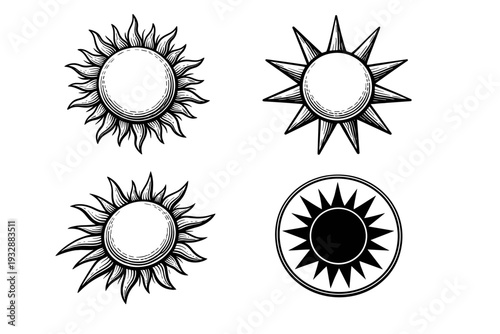 Vintage sun icons with diverse decorative rays in black and white