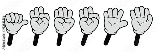 Comic hands numbers gestures, cartoon finger counting signs, hand numbers comic book hands in glove one two three four fingers gesture vector symbols