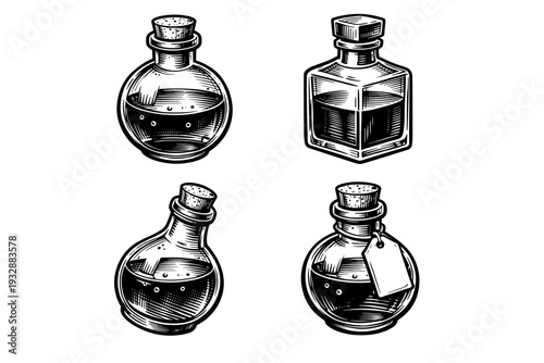 Vintage glass bottles collection with cork stoppers