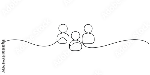 Continuous line drawing of a group of people for teamwork and unity concepts Minimalist one line art of three person silhouettes for community and family