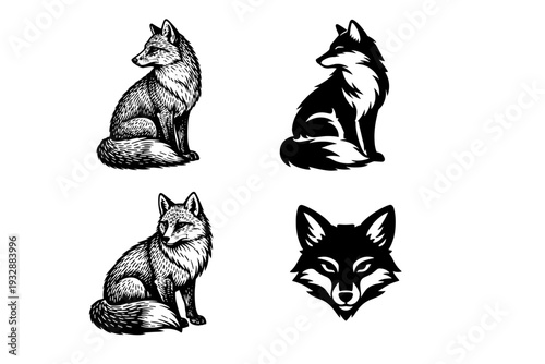 Collection of stylized fox illustrations in black and white