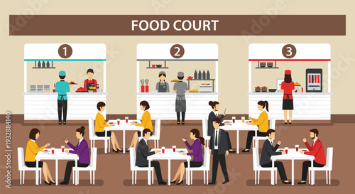 Food court restaurant interior with people dining and fast food counters vector illustration