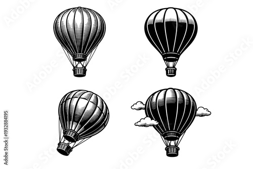 Vintage hot air balloon illustrations in black and white