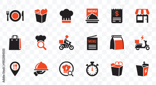 Food Delivery and Restaurant Service Icons Set Modern Takeaway, Online Ordering, and Dining Pictograms
