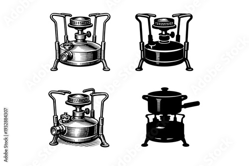 Vintage camping kerosene stoves and cookware graphic collection