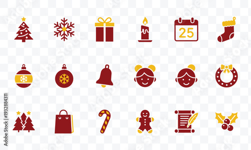 Christmas Holiday Icons Set. Festive Winter Vector Symbols Tree, Snowflake, Gift, Ornaments, Candle, Calendar, Stocking, Holly, Gingerbread.