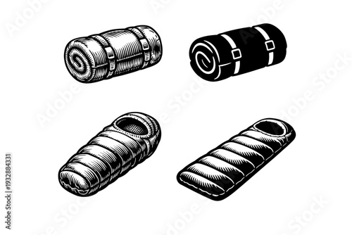 Set of black and white sleeping bags - vintage camping gear illustrati