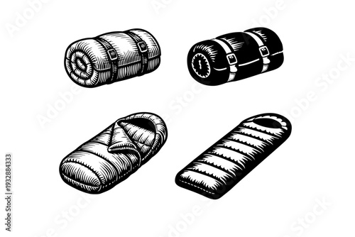 Four types of sleeping bags: rolled and unrolled variants in black and