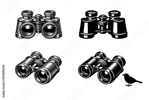Vintage binoculars and bird illustration set