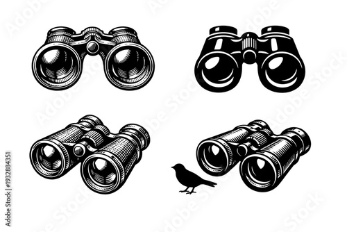 Vintage black and white binoculars with bird silhouette icon set
