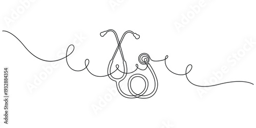 Minimalist continuous line art drawing of a medical stethoscope, a diagnostic tool, concepts for healthcare professionals to listen to heart and lung sounds