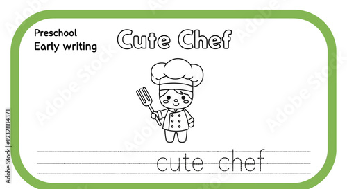 Cute Chef Preschool Early Writing Activity Sheet - Vector Illustration