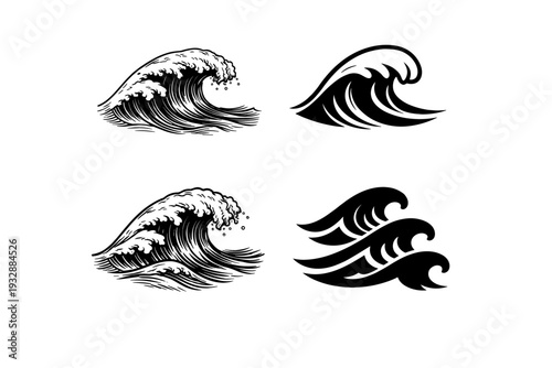 Collection of artistic wave icons in black and white design