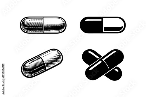 Collection of four black and white capsule illustrations in different