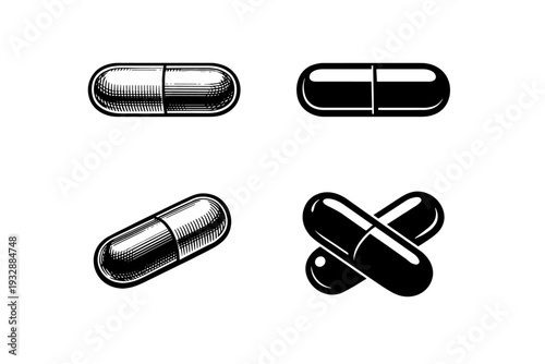 Set of black and white capsule illustrations in various angles and sty