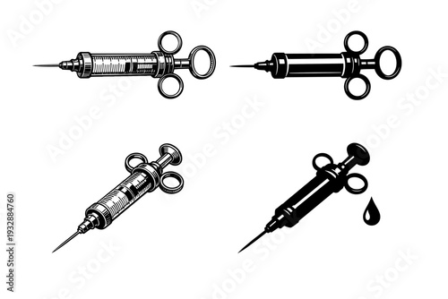 Vintage medical syringe illustrations with plungers and needles