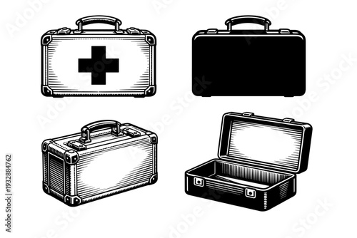 Detailed vintage medical kit and suitcase collection in black and whit