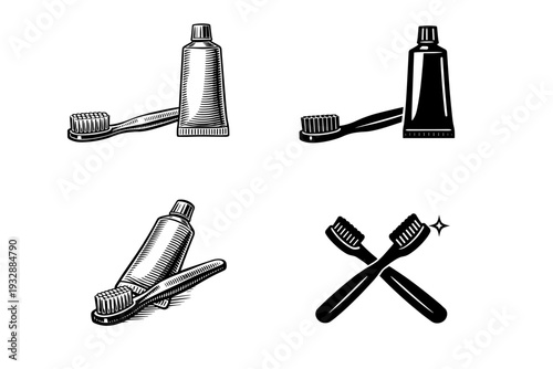 Vintage style toothbrush and toothpaste illustrations in black and whi