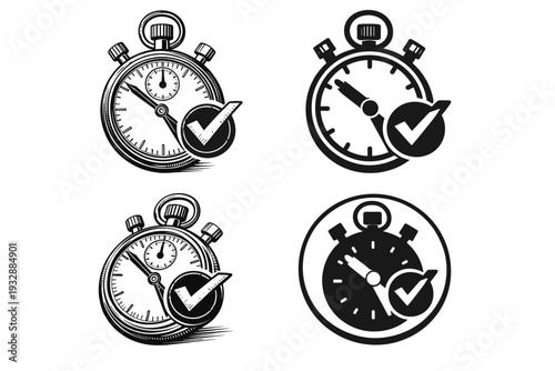 Four stopwatch icons with check marks in monochrome design
