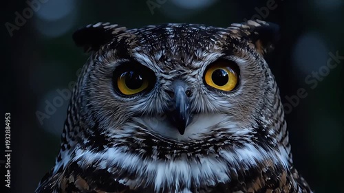 Intense gaze of a wise owl with striking yellow eyes in a dark forest.