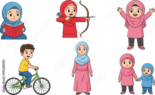 Muslim Kids Cartoon Vector Set with Girl in Hijab Reading, Archer, Cycling Boy, and Happy Children Characters Illustration