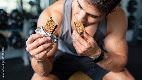 Man eating protein bar during gym workout, fitness nutrition, sports supplement, healthy lifestyle, gym setting, promotes energy and muscle building, high protein snack