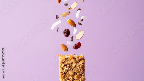 Granola bar with nuts and dried fruits in motion, isolated on purple background for healthy eating and high protein snack promotion, energy and muscle building, sports supplement
