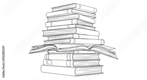 Stack of books, open book, knowledge, education, reading, library, study, research, literature