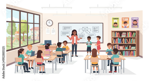 Diverse students learning in a bright classroom with teacher and whiteboard