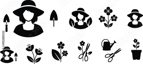 Icon bundle for gardening and floral themes featuring women in hats with various gardening tools and flowers