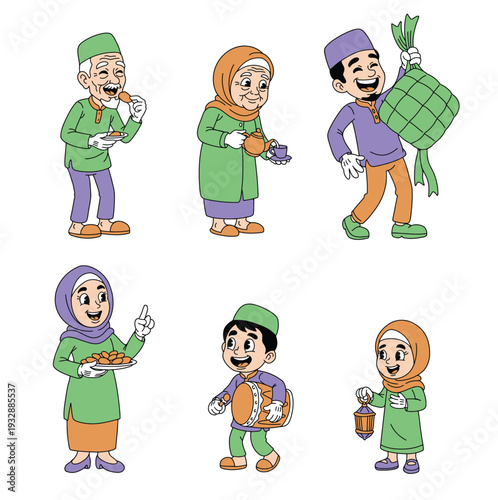 Happy Muslim Family Ramadan and Eid Celebration Cartoon Character