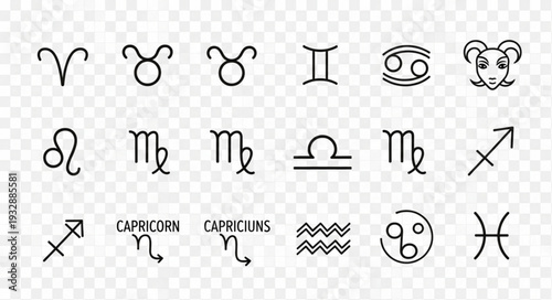 Zodiac signs symbols collection, astrology and horoscope concept, isolated on transparent background.