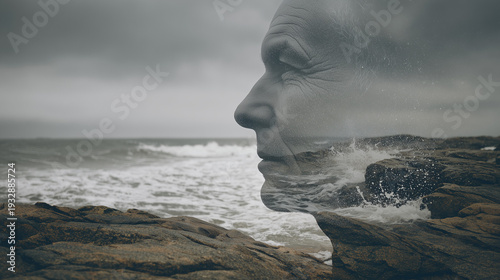 Wallpaper Mural Double exposure of an elderly person's face with a rough, wavy sea and beach, background Torontodigital.ca
