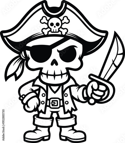 Cute cartoon pirate skeleton character wearing a skull hat and eye patch holding a sword for kids stickers, maritime mascot, and halloween adventure.