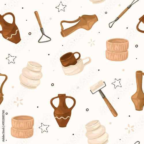 Cozy Pottery Pattern. Handmade Ceramics, Sculpting Clay, and Pottery Tools. Vector.