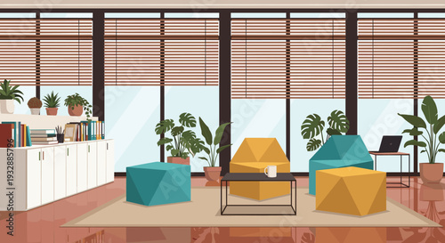 Modern office lounge interior with furniture plants and workspace design vector illustration