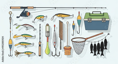 Collection of fishing equipment and accessories arranged on a white surface.